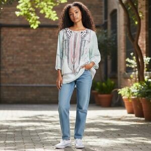 Tribal Jeans Tunic Top Womens MED 3/4 Roll Tab Sleeve Split V Neck‎ Lightweight